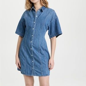 Frame Seam Detail Denim Mini Dress in Shoreline Wash